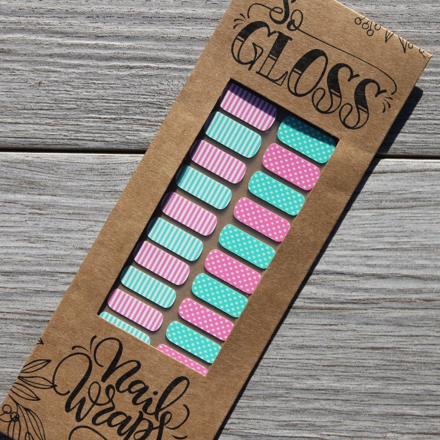Mint & Pink Stripes Dots Kids Nail Wraps